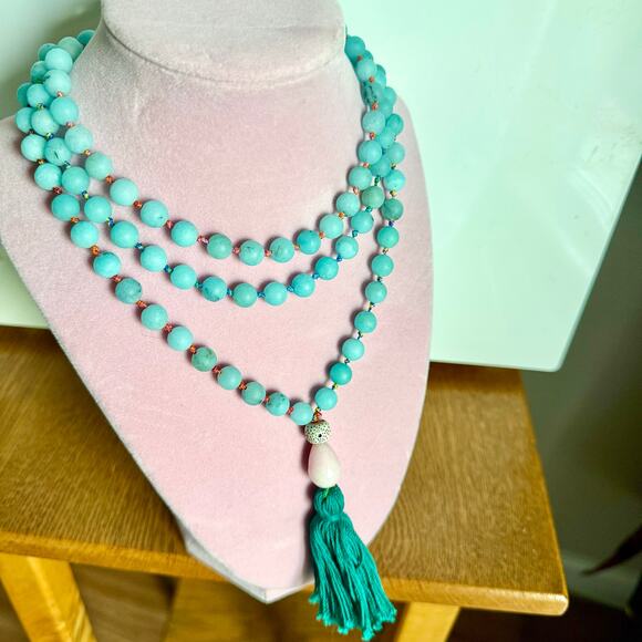 52 Inch Aventurine Mala Necklace With Rose Quartz Tagua Nut - Picture 1 of 10